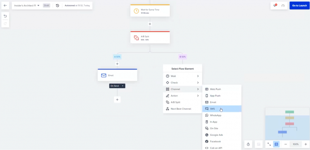 Insider One Architect A/B test SMS vs email