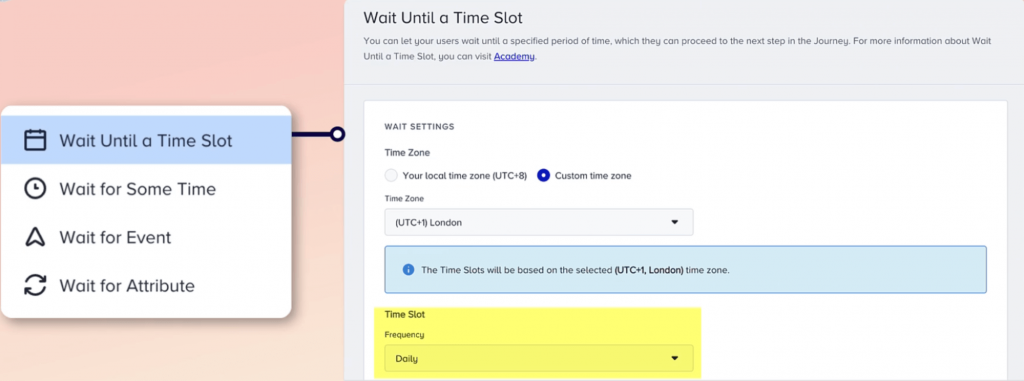 Insider One Architect wait until a time slot flow element
