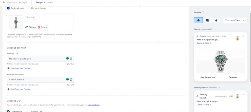 Insider One web push notification builder